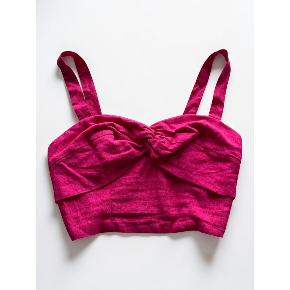 June & Hudson Magenta Pink Twist Front Smocked Back Linen Crop Top Small NWT